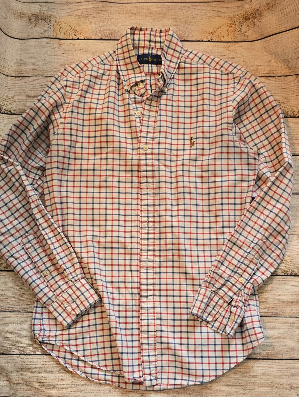Ralph Lauren Cream Button-Down Shirt with Red & Blue Check
